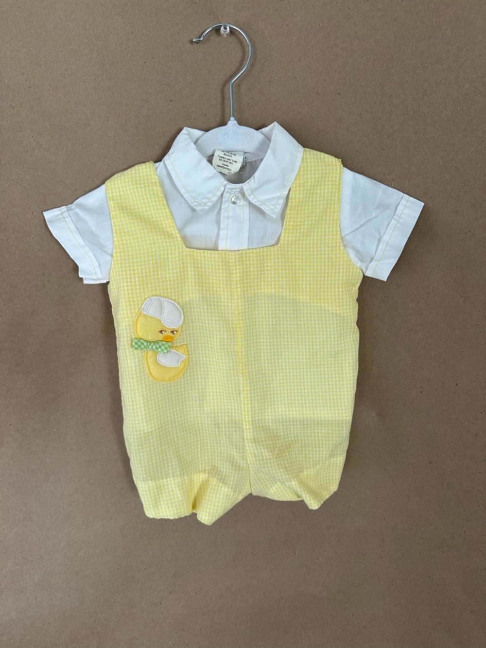 Vintage Yellow Gingham Baby Romper with White Collar - Cute Duck Detail